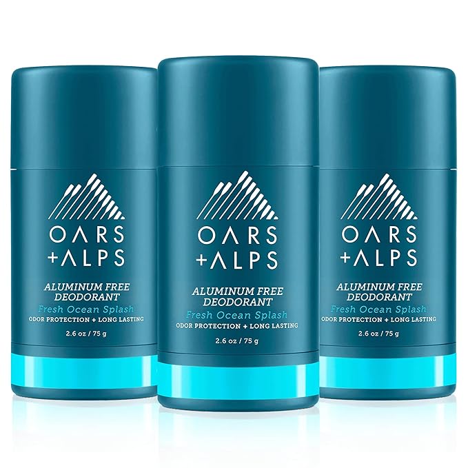Oars + Alps Deodorant for Men & Women, Aluminum Free Deodorant for Men, Dermatologist Tested, Clean Ingredients, Non Toxic, Vegan, Long Lasting, Odor Protection, Fresh Ocean Splash, 3pk, 2.6oz