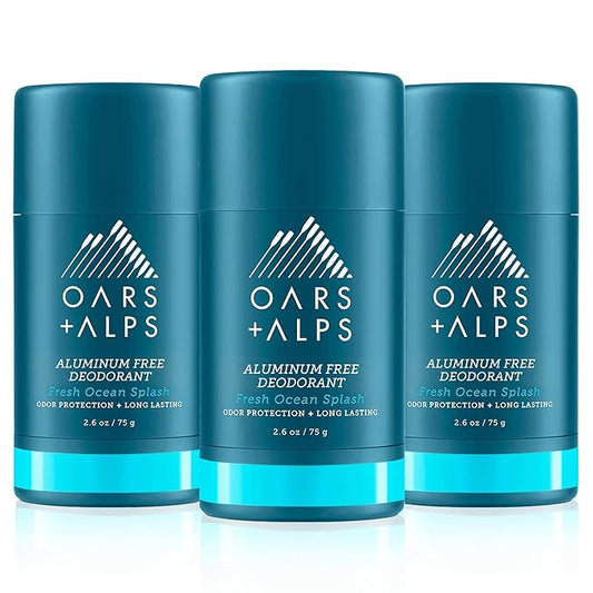 Oars + Alps Deodorant for Men & Women, Aluminum Free Deodorant for Men, Dermatologist Tested, Clean Ingredients, Non Toxic, Vegan, Long Lasting, Odor Protection, Fresh Ocean Splash, 3pk, 2.6oz