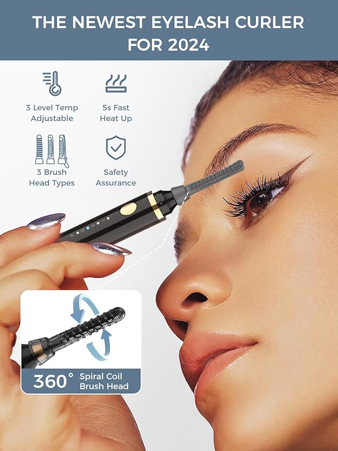 Smiling Shark Heated Eyelash Curler, 360°Wand-Style Heated Lash Brush Rechargeable with 3 Brush Heads & 3 Temp & 5s Fast Heating【Lengthen/Define/Curler】 3-in-1 Lash Curler for All Types of Lashes
