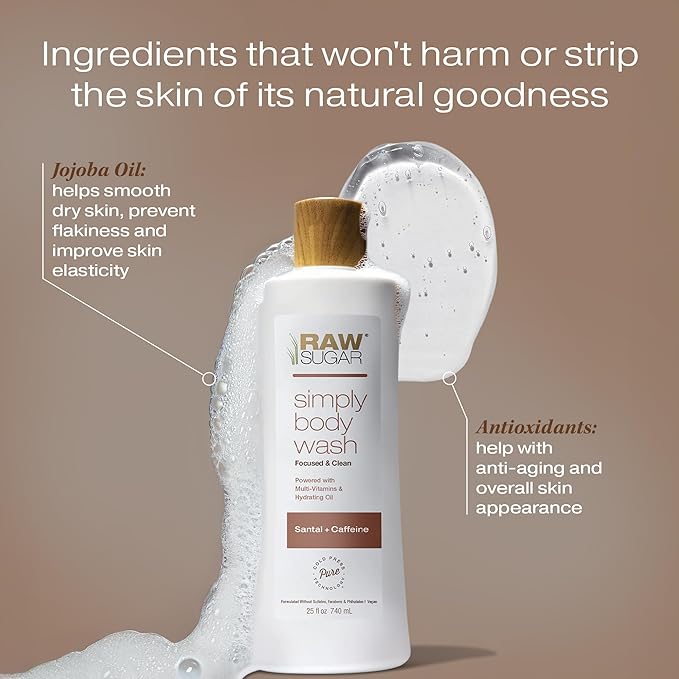 RAW SUGAR Simply Body Wash - Santal + Caffeine (25 Fl Oz, Pack of 1) Moisturizing & Soothing Bath & Shower Gel, Formulated without Sulfates & Parabens, Vegan
