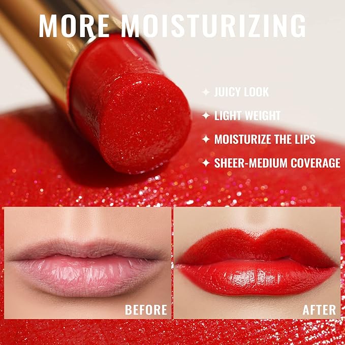 Oulac Moisture Shine Red Lipstick for Women, 2 in 1 Shimmer Lipstick & Lip Balm, Hydrated Juicy and Glossy Lip Color for Dry, Cracked and Chapped Lips, Vegan 2.2g/0.07oz (S06)