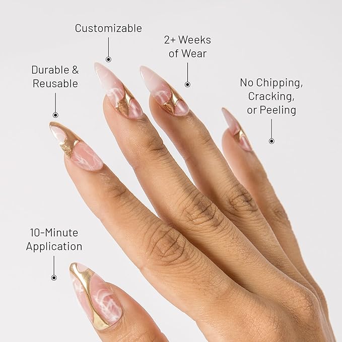 Lilac St - Press On Nails, Gold In My Veins (30 Nails, 15 Sizes) - Long, Almond, Glossy, Opaque - Brush-On Nail Glue, Nail File, Cuticle Stick, Prep Pad - Reusable - Cruelty Free, Vegan, Women Founded