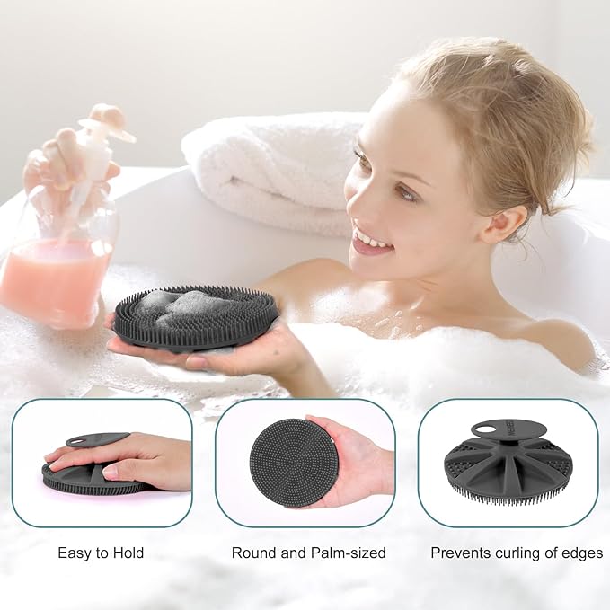 INNERNEED Food-Grade Soft Silicone Body Scrubber Shower Brush Handheld Cleansing Skin Brush, with PP Shower Brush for Exfoliating, Cellulite Treatment