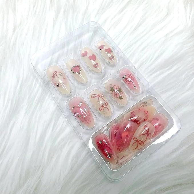 24Pcs Press on Nails Medium with Handmade Pearl Heart Star Design Pink Smudged Almond Nail Shape Acrylic Nails False Nails French Manicure Nail Tips Rhinestones Love Stick on Nails for Women