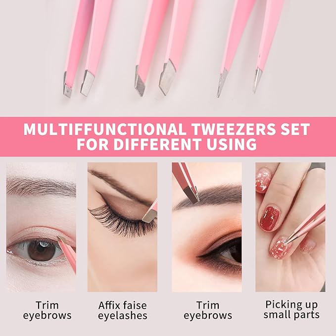 Pink Tweezers for Women Facial Hair, Precision Tweezers for Eyebrows, Hair Removal, Facial Hair, Ingrown Hair, Tweezers for Men