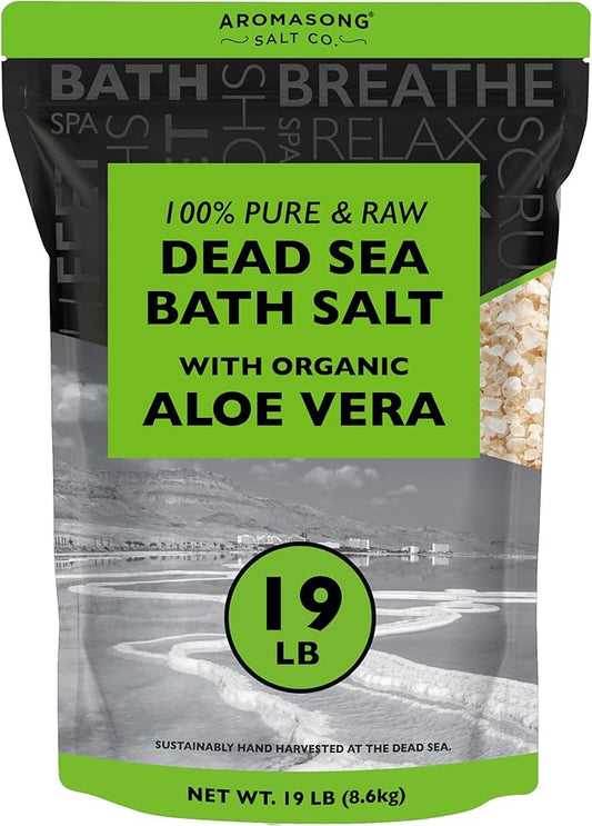 Aromasong 19 lbs RAW Dead Sea Salt with Organic Aloe Vera, not Cleaned, Still Contains All Dead sea Minerals Including Dead sea Mud, Fine Medium Grain Large resealable Bulk Pack - Packaging May Vary