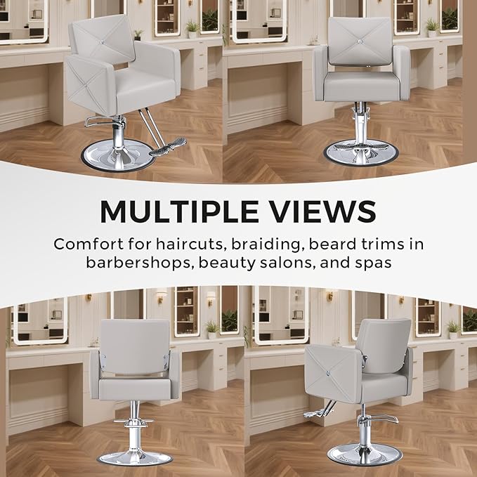 Barber Salon Chair for Hair Stylist with 350Lbs Heavy-Duty Hydraulic Pump, 360° Swivel Hair Styling Chair, Adjustable Height Hairdresser Braider Chairs for Beauty Salon, Tattoo, Spa, Light Gray