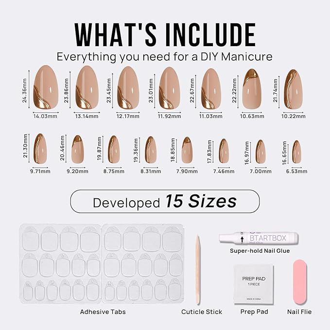 BTArtbox Press On Nails Almond - Medium Glue On Nails with 3D Sculpting Metallic Design, Supremely Fit & Glossy Fake Nails in 15 Sizes, Amber