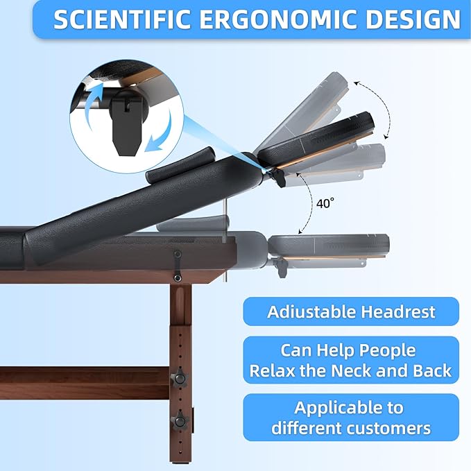 Massage Table 31IN Wide with Hight Adjustable Legs and Backrest for Treatment, Black PU Leather Professional Spa Bed Load1500 LBS, Spa Table with Storage for Footmassage Facial CareSpa Tattoo