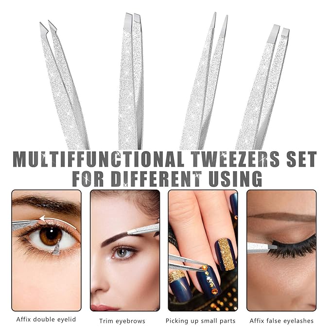 Eyebrow Tweezer Set, 4 Pcs Professional Stainless Steel Tweezers for Women, Precision Tweezer for Facial Hair, Splinter and Ingrown Hair Removal（Bright silver）