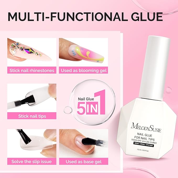 MelodySusie 3Free 5 in 1 Nail Glue Gel for False Nail Tips, NO Hema HPMA TPO, Super Sticky and Strong Adhesion, Rhinestone, Blooming Gel, Base Coat, UV Lamp Curing Needed,2 Pcs 15ml