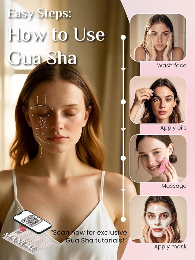 Rena Chris Gua Sha Facial Tools: Natural Rose Quartz Guasha Tool for Face Acupuncture Therapy, Facial Massager for Jawline Sculpting and Puffiness Reducing (Pink)