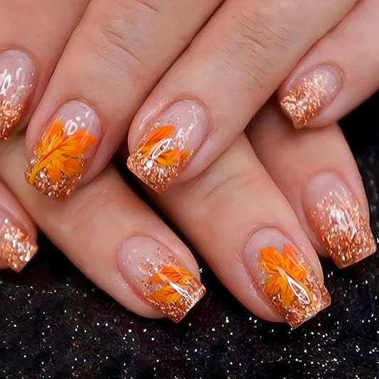 Thanksgiving Press On Nails - Medium, Glossy, Glue On, Square, Acrylic, Glitter, False Nails with Maple Leaf Designs - Pink, 24 Pcs