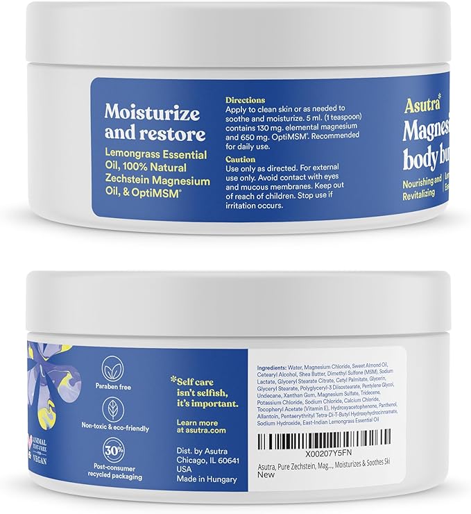 ASUTRA Magnesium Body Butter Lotion, 6.76 oz, Soothing Shea Butter & Almond Oil Moisturizer, Premium-Quality Magnesium, Lemongrass Essential Oil