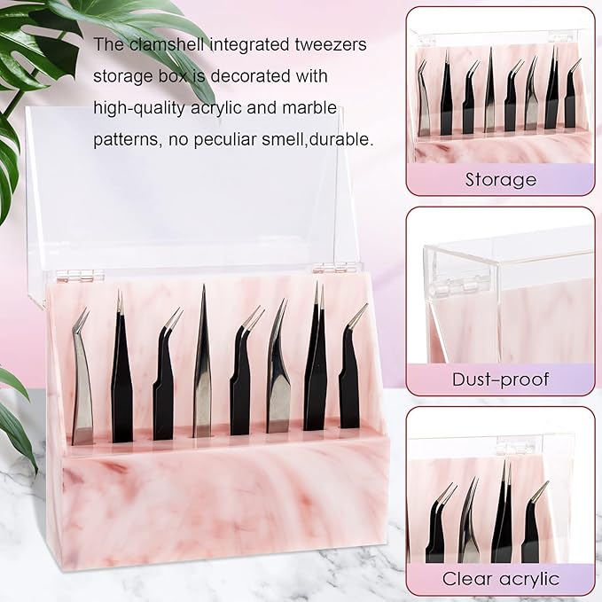 8 Holes Dust-proof Eyelash Tweezers Holder Case Acrylic Marble Tweezer Stand Display Organizer with Cover for Lash Extensions (pink)