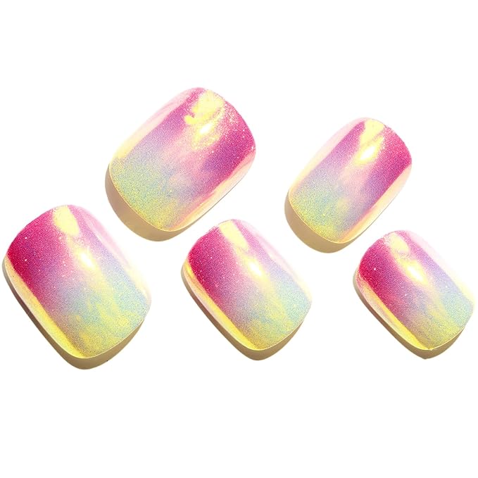 GLAMERMAID Extra Short Press on Nails 24PCS, Pink Nude Ombre Chrome Fall Gel Glue on Nails, Glossy Round Reusable UV Finish Fake Nails Acrylic False Nails Manicure Kits for Women