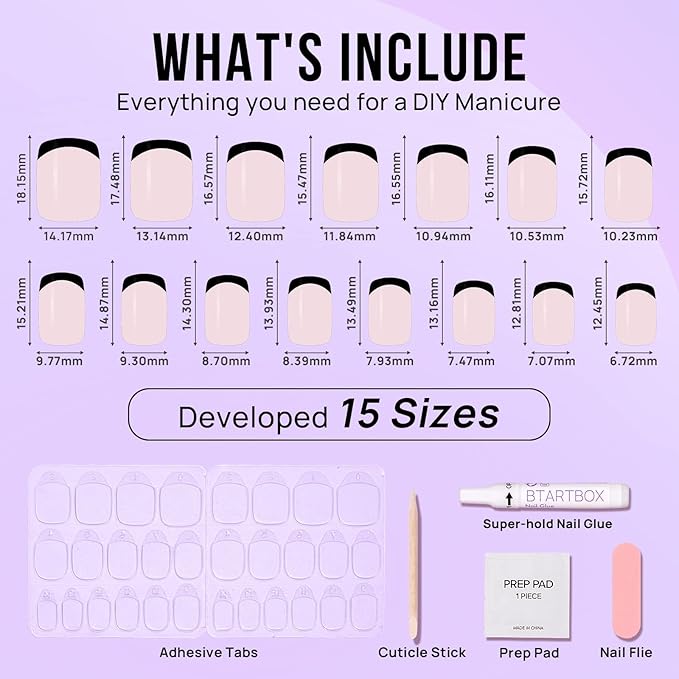 French Tip Press On Nails - BTArtbox Jelly Square Fake Nails with Nail Glue, Reusable Semi-Transparent Stick On Nails in 15 Sizes - 30PCS Soft Gel Glue On Nails Kit, Classic Black