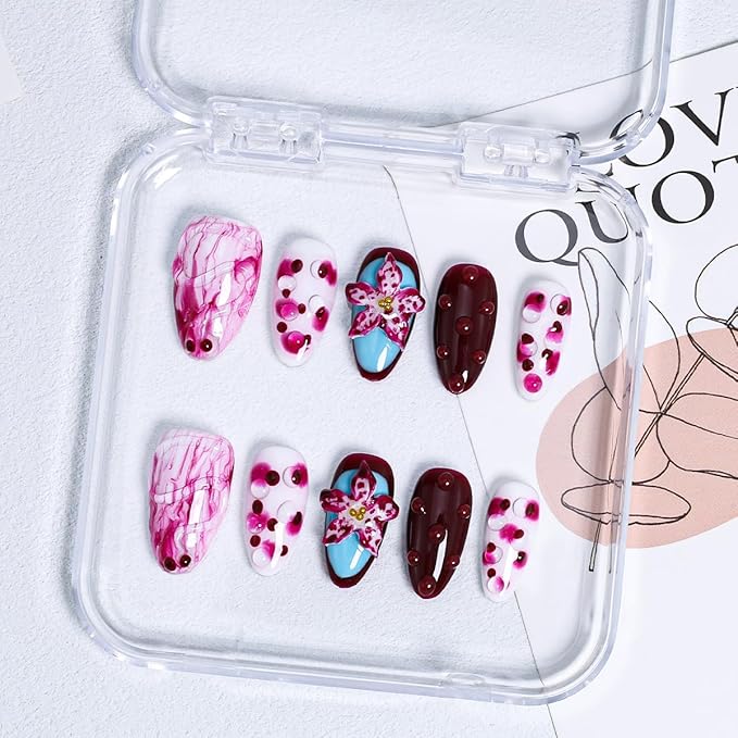 10Pcs Handmade Press on Nails Short Almond Fake Nails Tropical Flower Artificial Nails with 3D Rhinestones Designs Summer False Nails Red Glossy Acrylic Nails Full Cover Stick on Nails for Women
