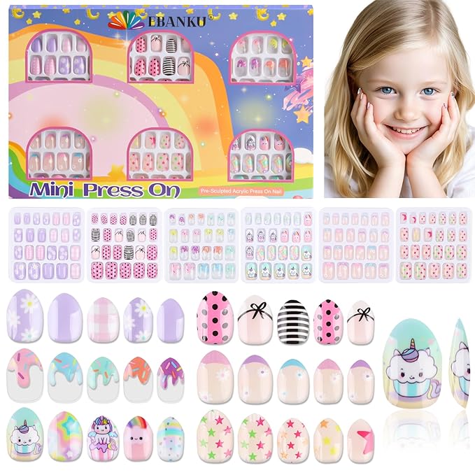144 Pieces Press on Nails for Kids, EBANKU 6 Pack Kid Fake Nail Cute Colorful Press on Nails for Girls 7-12 Years with Pre- Adhesives