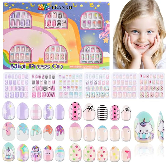 144 Pieces Press on Nails for Kids, EBANKU 6 Pack Kid Fake Nail Cute Colorful Press on Nails for Girls 7-12 Years with Pre- Adhesives