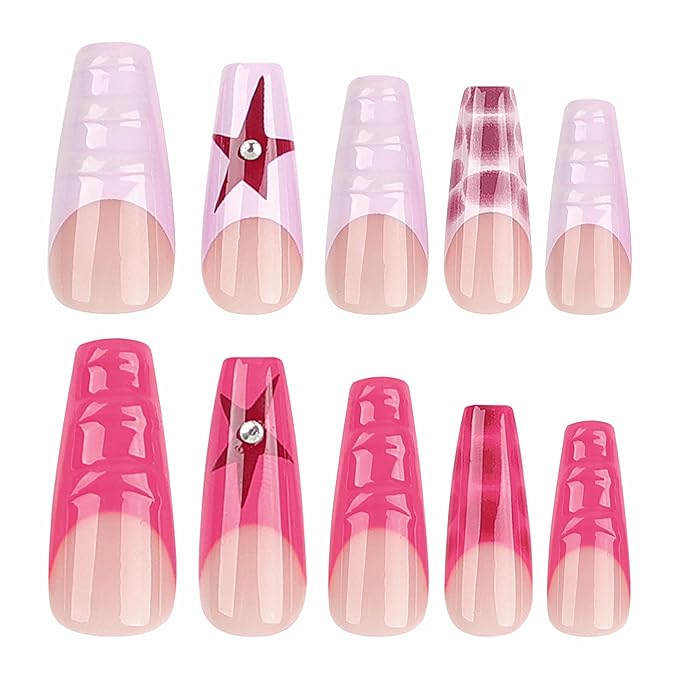 BABALAL Pink Star Press on Nails Long Coffin Fake Nails French Tip Glue on Nails Acrylic Nails 3d Texture Water Wave Design Y2k Stick on False Nails 24Pcs Ballerina Nails Press on