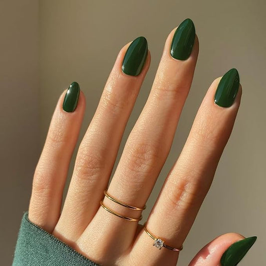 Dark Green Press on Nails Short Almond Shape, Thick Solid Color Glue on False Nails, Medium Oval Round Shaped for Women, 24Pcs Natural Acrylic Gel