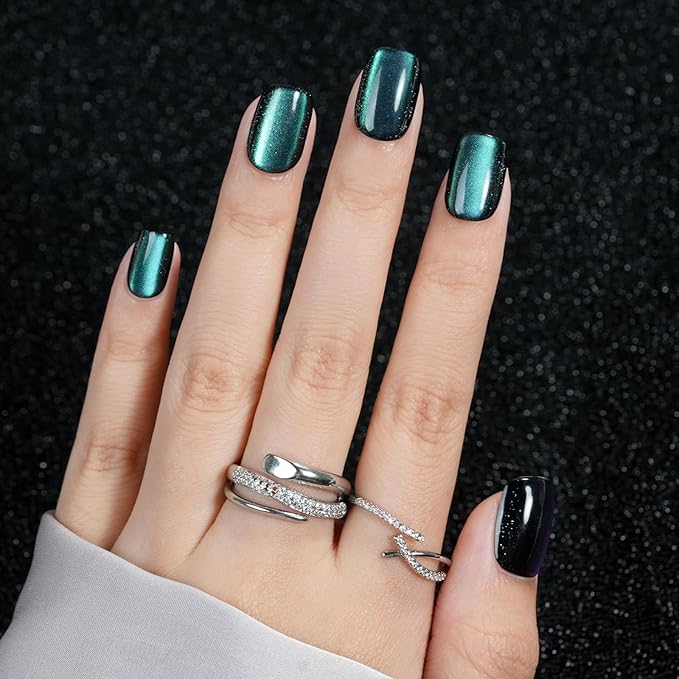 Cat Eye Press on Nails Short, Jofay Fashion Soft Gel Fake Nails, Lake Blue Square Press on Nails, Reusable & Natural Acrylic False Nails, Stick on Nails for Women Gift, Glue on Nails Kit 32 Pcs