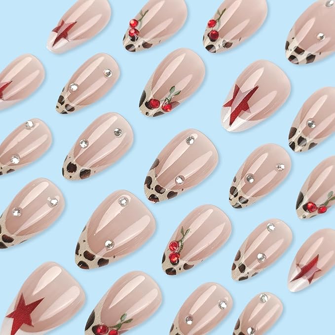IMRAIN Medium Press on Nails Almond Fake Nails White French Tips False Nails with Leopard Print Designs Full Cover Glossy Glue on Nails Nude Acrylic Stick on Nails for Women 24Pcs