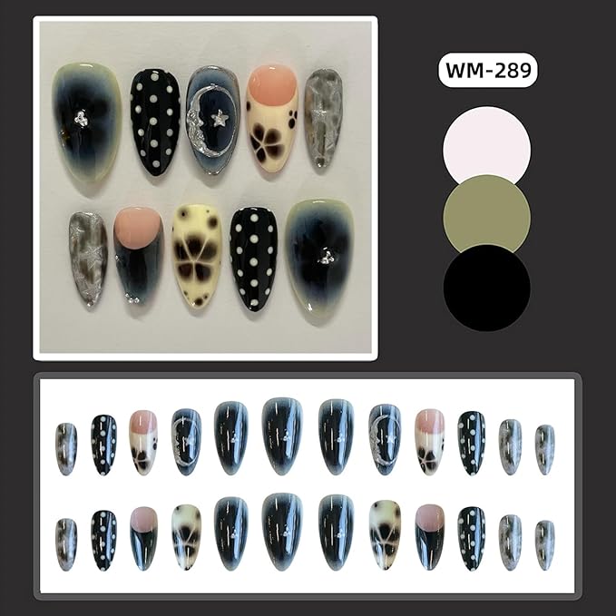 Fall French Tip Press on Nails Medium Almond False Nails with Flower Design Full Cover Glue on Nail Reusable White Polka Dots Acrylic Fake Nails Glossy Artificial Stick on Nail for Women