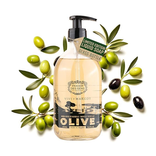 Panier des Sens - Liquid Hand Soap Limited Edition - French Hand Wash with Olive Oil - Marseille Moisturizing Liquid Soap - Refillable Kitchen & Bathroom Soap - 98% Natural - Glass Bottle 16.9 Floz
