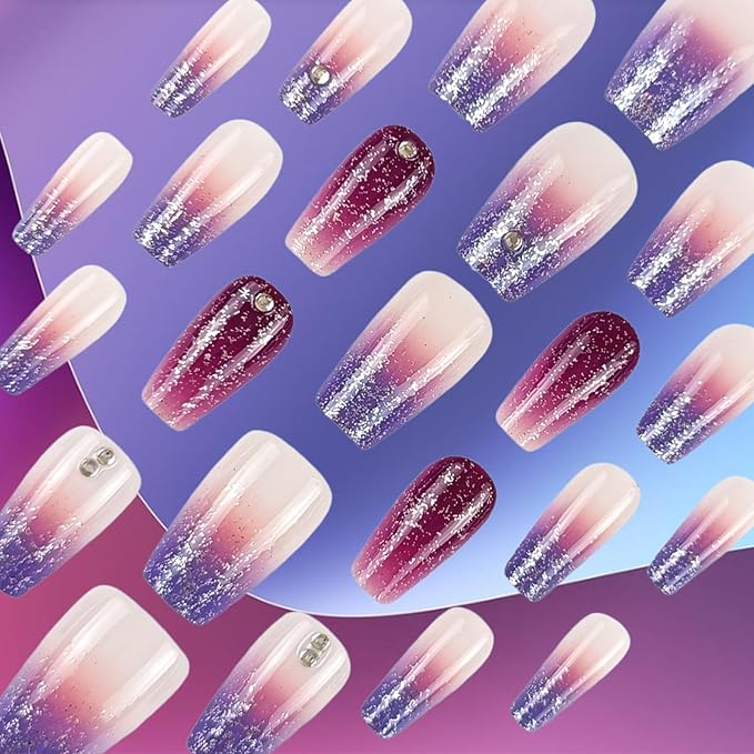 24Pcs Purple Gradient Press on Nails Glossy Silver Glitter Medium Coffin False Nail Ombre Acrylic Full Cover Fake Nails Rhinestones Gel Glue on Fingernail French Stick on Nail for Holiday Manicure Art