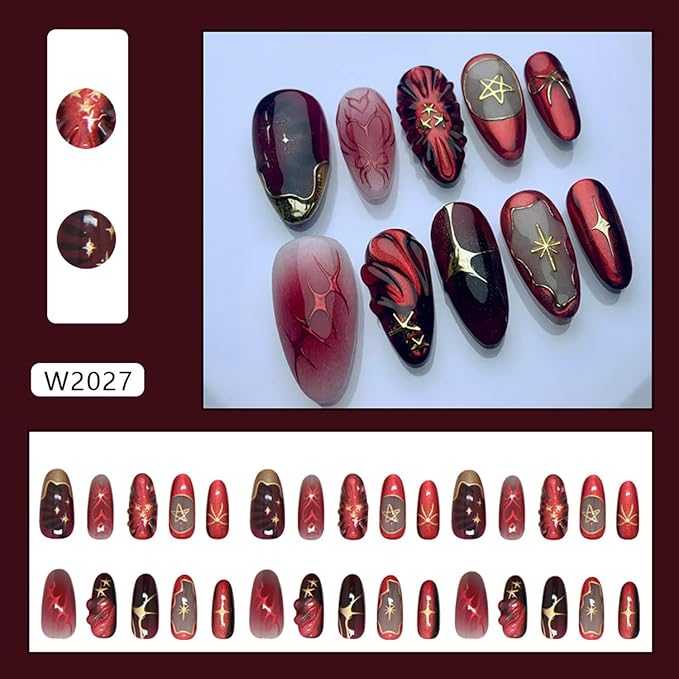 24Pcs Deep Red Press on Nails Medium Almond Fake Nails French Tip Nail Art False Nails Design Y2K Gold Star Bow Pattern Full Cover Stick on Nails Reusable Artificial Nail for Women Acrylic Nails Decor