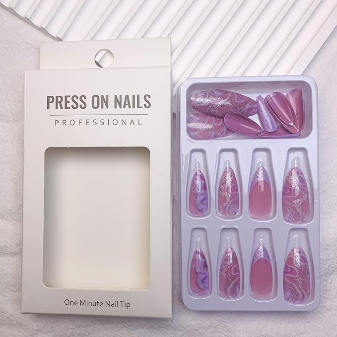 Mave Medium Purple Marble Glitter Acrylic False Nails - Shiny Stick On, 24Pcs with French Nails Glossy Finish