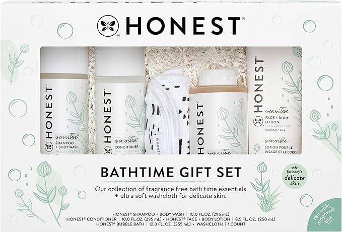The Honest Company Fragrance Free Bathtime Gift Set | Hypoallergenic Bath Essentials for Sensitive Skin | Shampoo + Body Wash, Face + Body Lotion, Bubble Bath, Conditioner, Wash Cloth