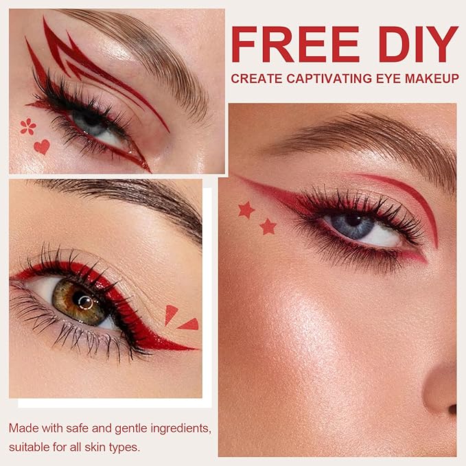 4PCS Red Eyeliner Pen Set, Eyeliner Stamp, Double-headed Red Liquid Eye liner Pencil for Women Eye&Lip Liner Professional Waterproof Halloween Makeup, Star,Triangle,Flower,Heart