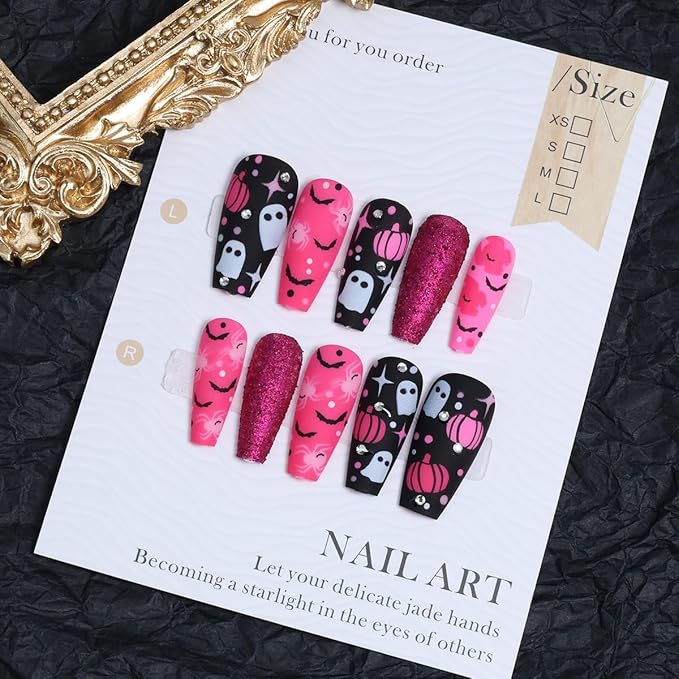 30Pcs Halloween Press on Nails Medium Coffin Fake Nails Dark Pink Glitter Glue on Nail with Pumpkin Bat Spider Designs Full Cover Reusable Nails Cute Ghost False Nails for Holiday Manicure DIY