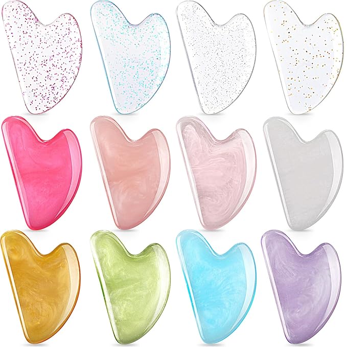 Sherr 12 Pcs Gua Sha Facial Tools Resin Heart Shaped Massage Guasha Tool for Face Guasha Board for Spa Women Body Skin Care Reduce Muscle Tensions, 12 Colors(Sweet Color)
