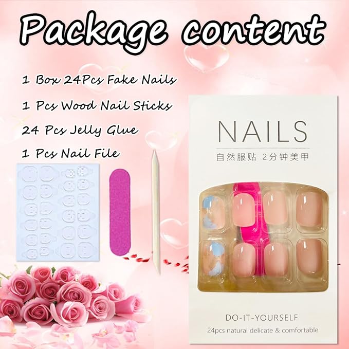 24Pcs Nude Blue Press on Short Square Fake Nails with Glitter Gold Foil False Nails Glossy Acrylic Artificial Short Glue on Nails for Women Girls DIY French Stick on Nails Decorations