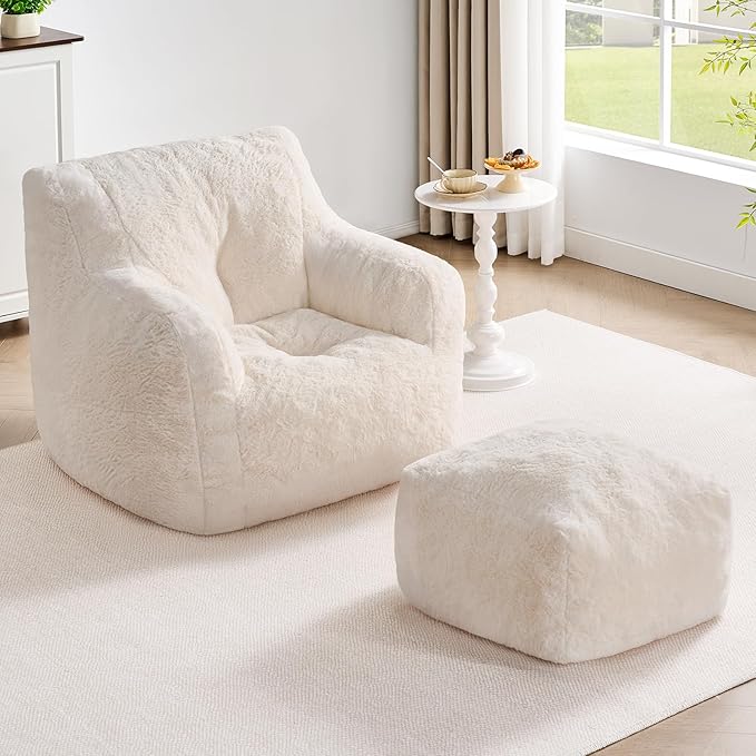 ONBRILL Giant Bean Bag Chairs for Adults with Ottoman, Faux Fur Boneless Chaise Couch Filler with Memory Foam,Large BeanBag Lounge Lazy Floor Sofa Accent Chair for Living Room,Bedroom & Game Rooms