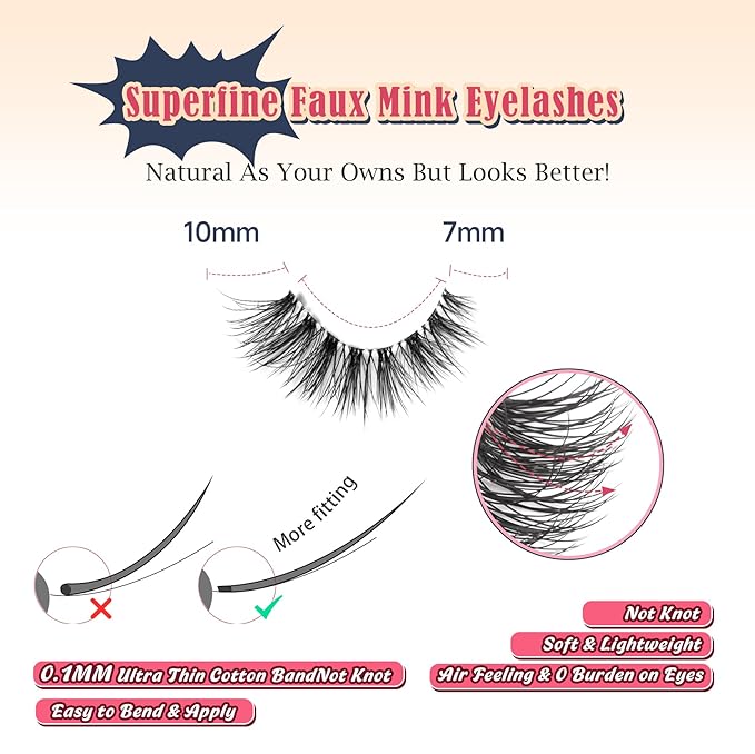 False Eyelahses Wispy Lashes Cat Eye 10MM Short Lashes C Curl Soft Lash Strips Fake Eyelashes Natural Look Cat Eyelash Pack with Clear Band Siligli 7 Pair