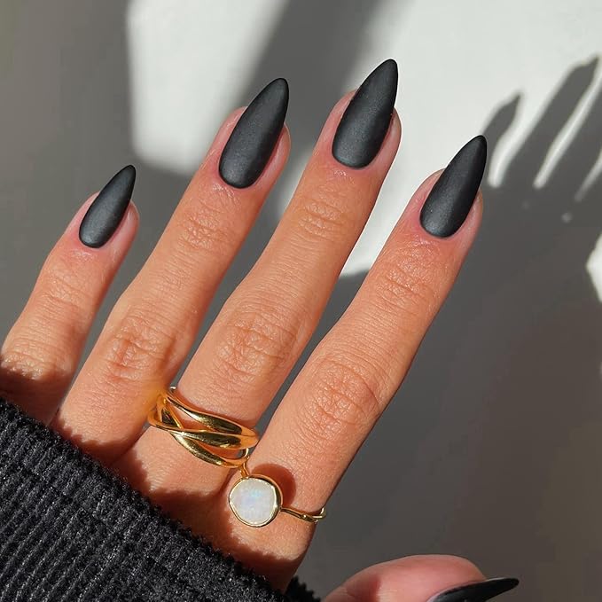 48Pcs Matte Black Press on Nails Almond Fake Nails Glue on Nails Medium Length Almond Shaped Nails Press ons, Stiletto False Nails for Women, Medium Almond Nails, Thick Natural Acrylic Gel Nails