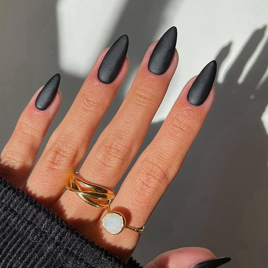 48Pcs Matte Black Press on Nails Almond Fake Nails Glue on Nails Medium Length Almond Shaped Nails Press ons, Stiletto False Nails for Women, Medium Almond Nails, Thick Natural Acrylic Gel Nails