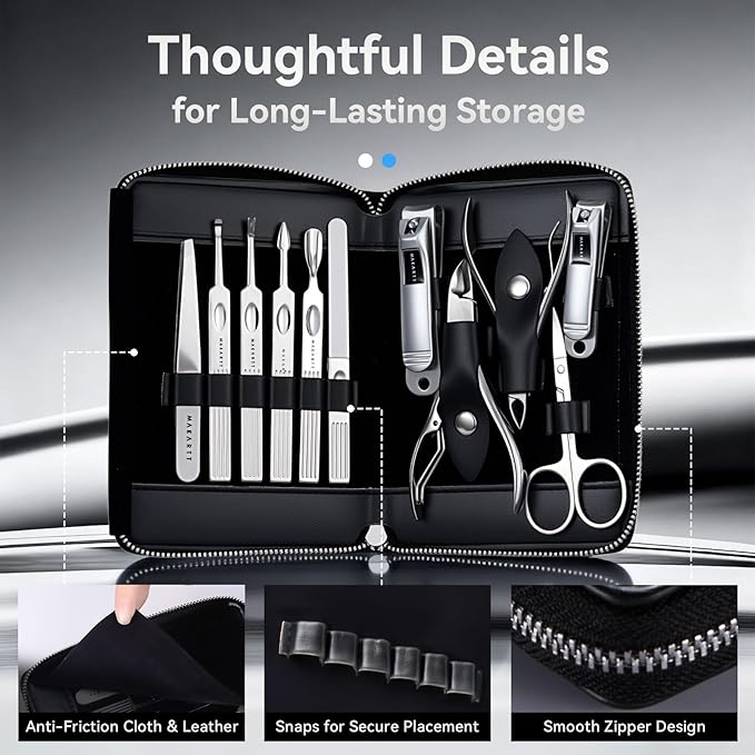 Makartt Manicure Kit: Professional Nail Care Clippers Set - 11 pcs Stainless Steel Tavel Women Men Fingernail Grooming Tool with Portable Black Leather Case