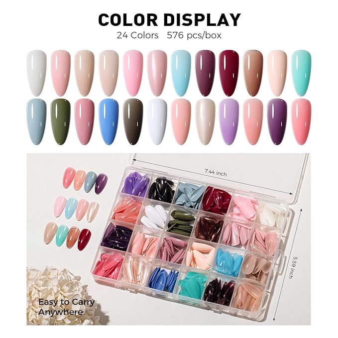 Press on Nails, 24 Colors 576PCS Medium Almond False Nails with 12 Sizes, Full Cover Press on Nails for Women, Lightweight Matte Natural Fake Nails for Nail Art Design