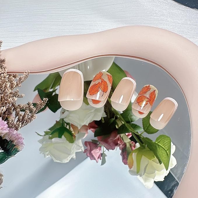 24Pcs Fall Press on Nails Short Square Thanksgiving Fake Nails with Glitter Autumn Maple Leaves False Nails French Tip Stick on Nails Fall Artificial Acrylic Nail Tips for Women Holiday Nail Decor