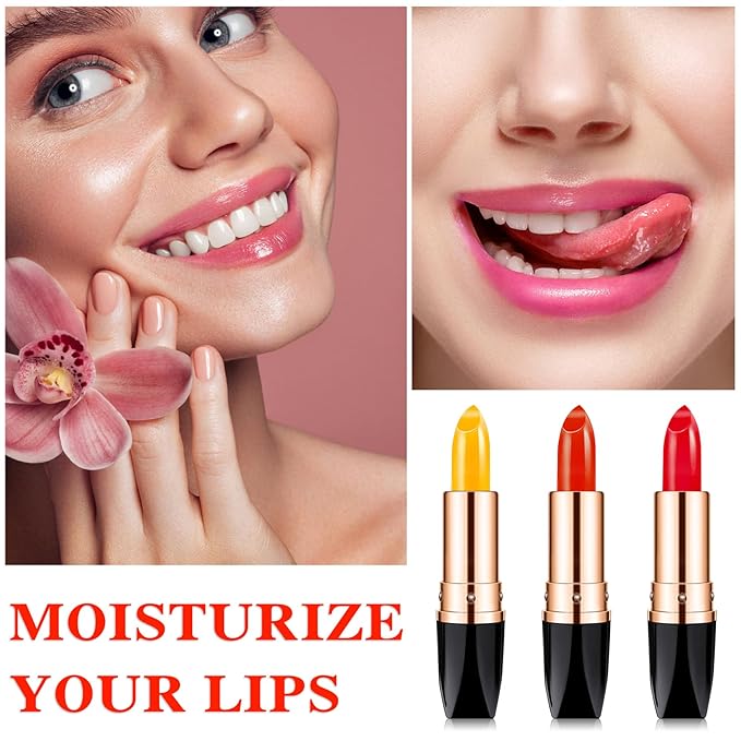 3 Pcs Temperature Color Change Lipstick,Long Lasting Nourishing Moisturizing Lipgloss,Magic Temperature Color Changing Lipstick,Lip Gloss,Waterproof Matte Lip Balm Makeup AB001