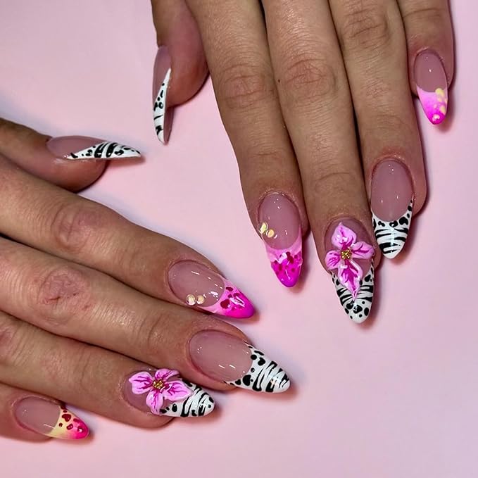 IMRAIN Medium Press on Nails Almond Fake Nails Zebra Stripes French Tip Acrylic False Nails with Pink Hawaii Flower Design Summer Glue on Nails Full Cover Artificial Nails for Women Manicure