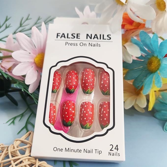 24Pcs Strawberry Press on Nails Glossy Red Medium Coffin False Nail Fruit Acrylic Full Cover Fake Nails Green Leaves Gel Glue on Fingernails French Tips Stick on Nail for Holiday Manicure Art