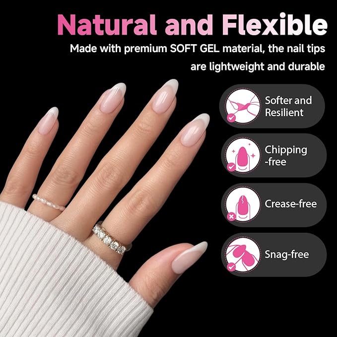 UNA GELLA Medium Almond Nail Tips, 312pcs Almond Gel Nails Tips Shape Pre Etched Full Cover Clear Fake Acrylic Pointed Press On Nails No C Curve for Nail Extension Christmas Art DIY Salon 12 Sizes