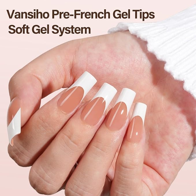 Vansiho French Gel Nail Tips - 150Pcs Long Square Brown Tips, 3 in 1 Pre-French Tips for Nail Art DIY 15 Sizes